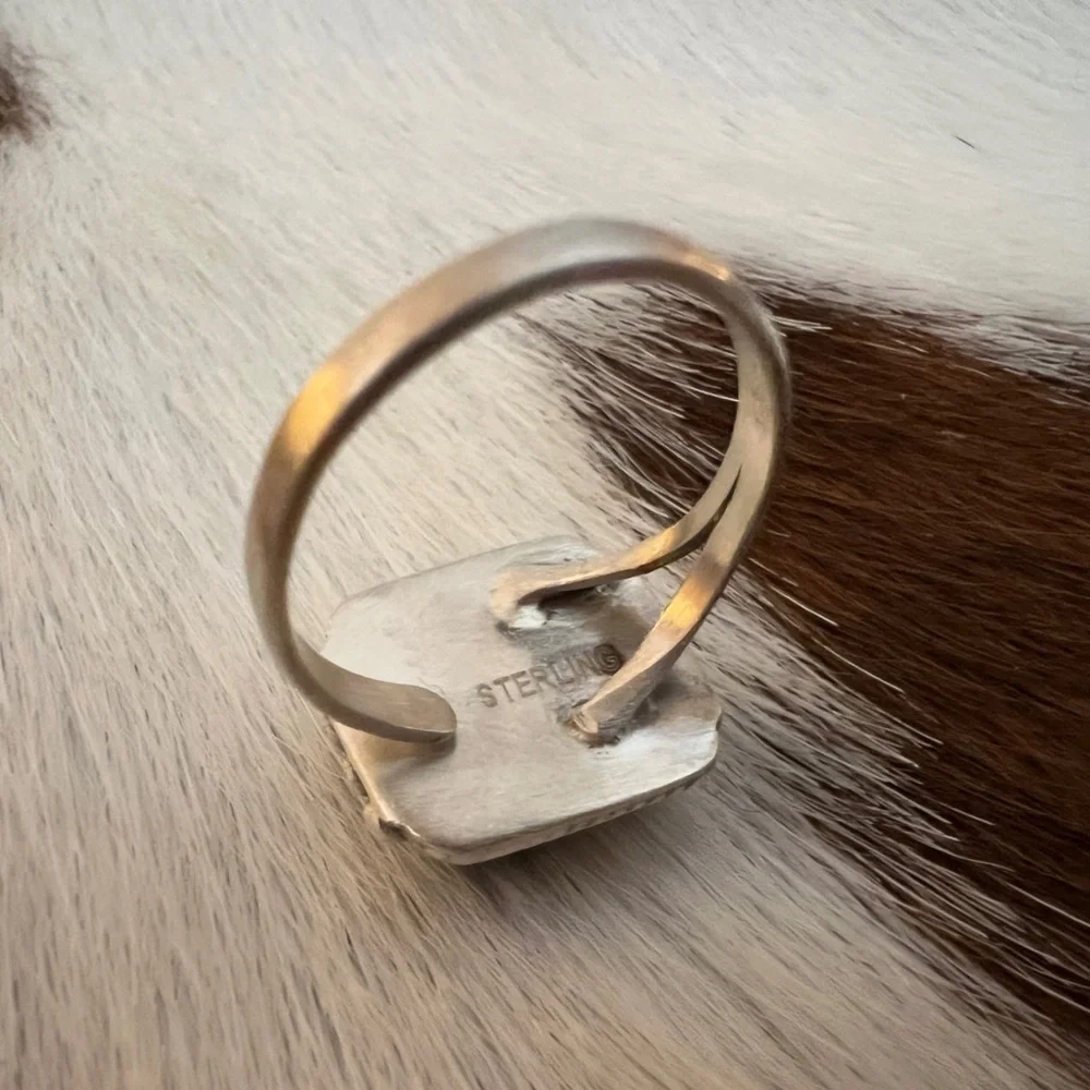 ❤️ White Buffalo Turquoise Square 925 Ring Navajo Style Matte ADJ SZ 5 to 7.5